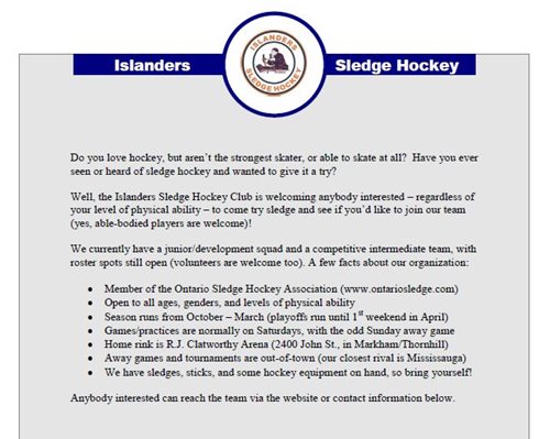 Islanders Sledge Hockey Club Event- Markham