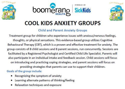 Registration Deadline for Boomerang's Cool Kids Anxiety Group - Concurrent child and parent group for children (ages 8-11 and 12-14) 