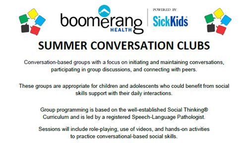 1st session of Summer Conversation Club (Ages 12-14 and 15-17) Boomerang Health - Vaughan