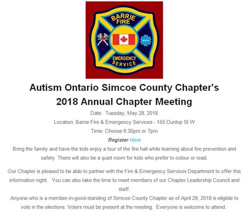  Autism Ontario Simcoe County Chapter's 2018 Annual Chapter Meeting and Fire Safety Event